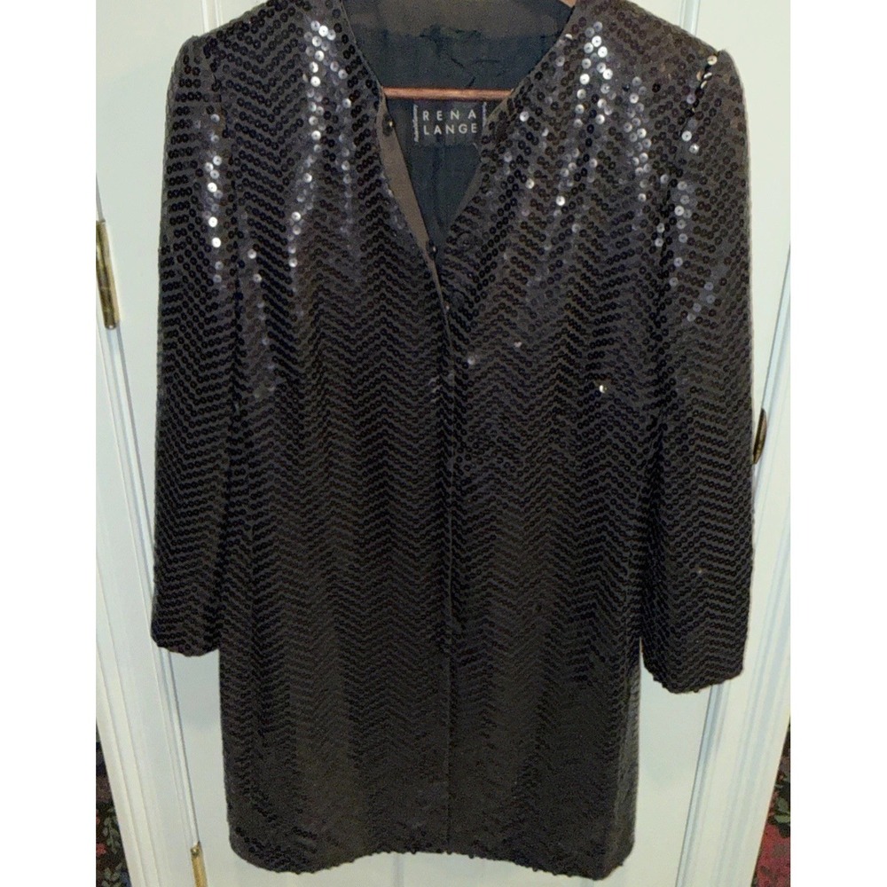 RENA LANGE Women's Vintage Black‎ Sequined Coat Silk Long Sleeve Mid Length
